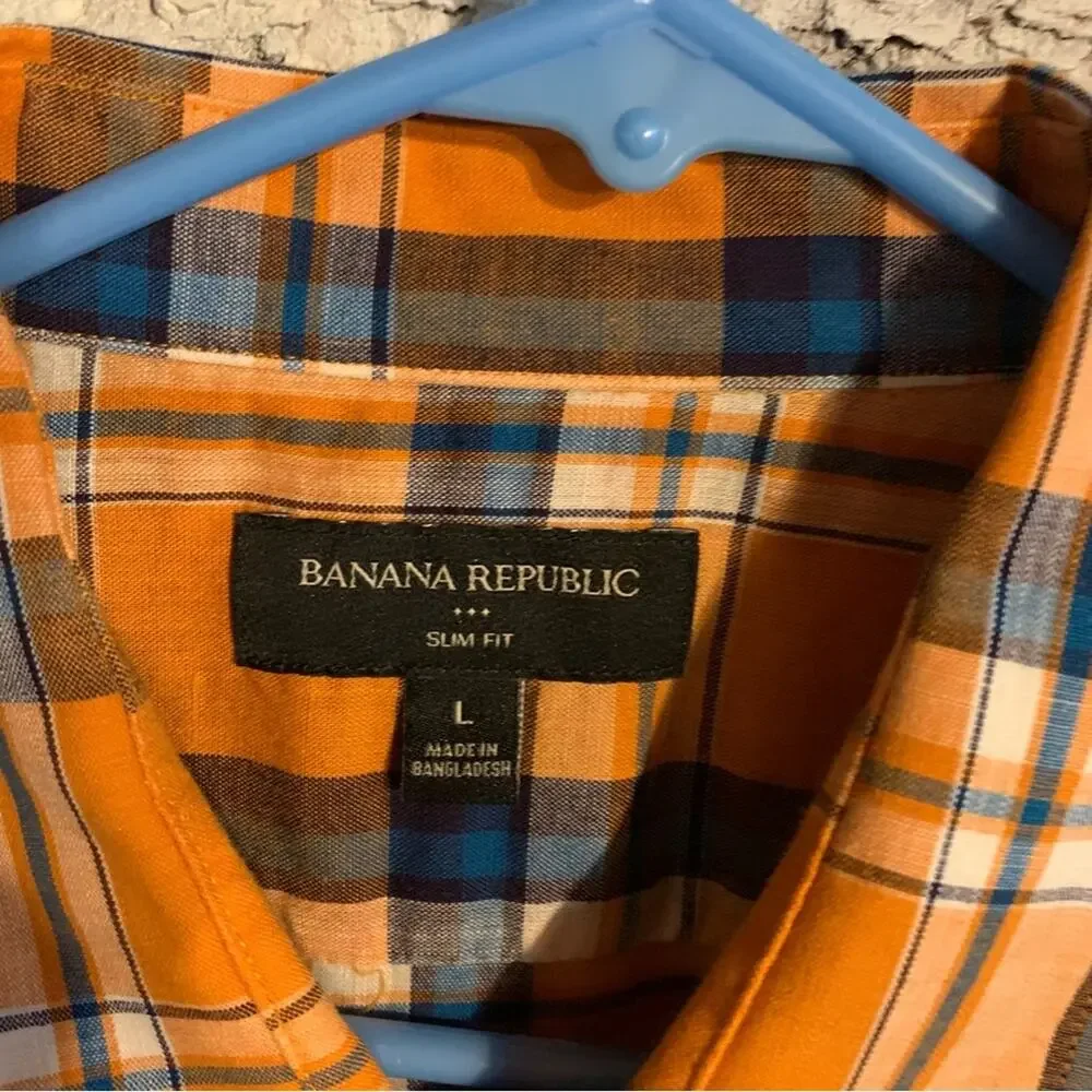 Banana Republic Men's Orange and Blue Plaid Shirt Slim Fit Size Large